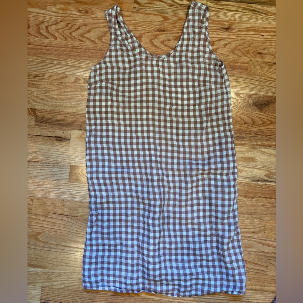 notPerfectLinen Creamy Brown Gingham Sleeveless Dress, Size S/M.